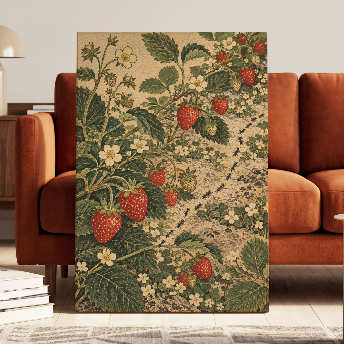 Strawberry Trails, green, beige, red nature wall art displayed in a styled interior, gallery view 3
