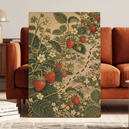 Strawberry Trails, green, beige, red nature wall art displayed in a styled interior, gallery view 3
