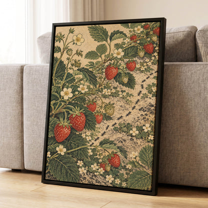 Strawberry Trails, green, beige, red nature wall art displayed in a styled interior, gallery view 4