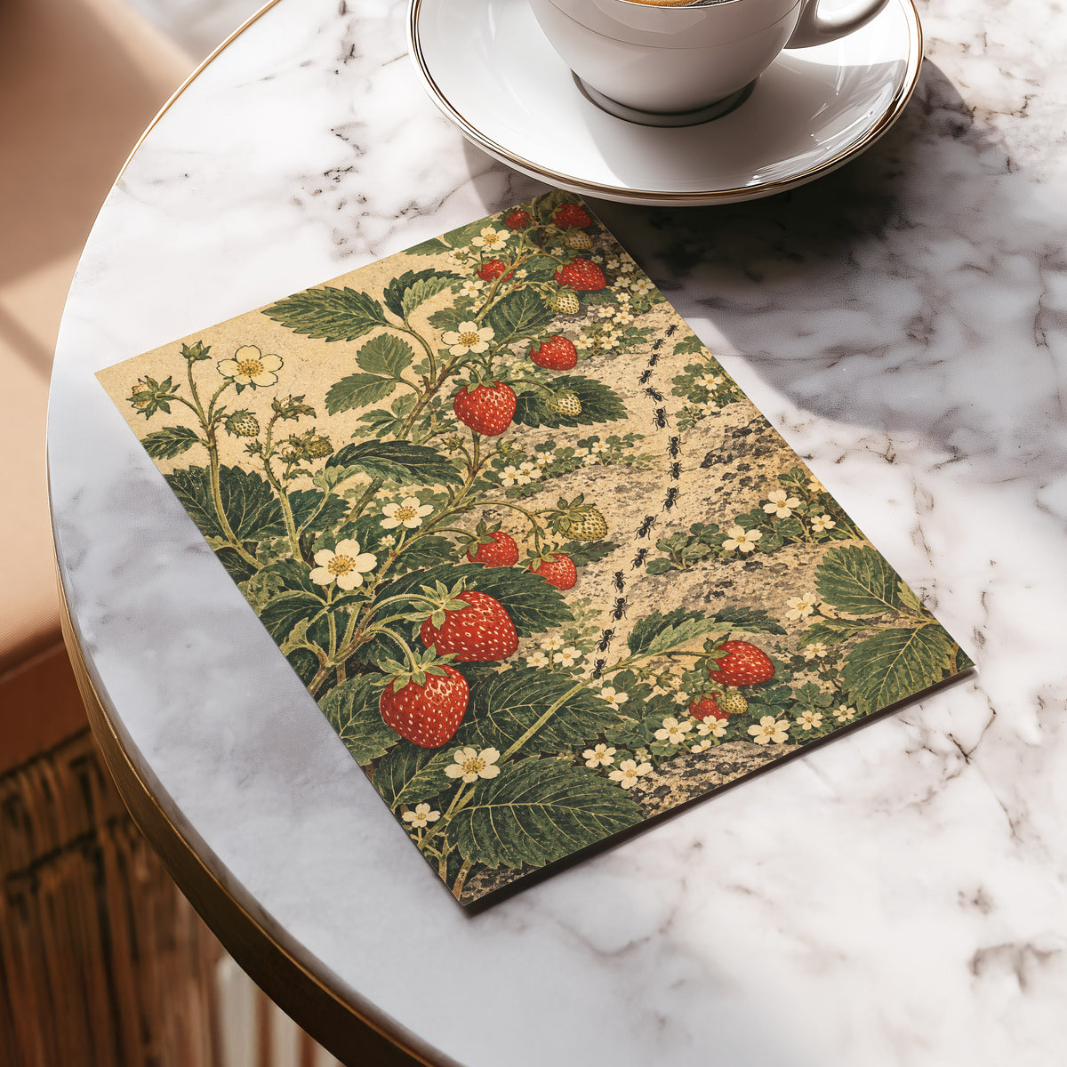 Strawberry Trails, green, beige, red nature wall art displayed in a styled interior, gallery view 5