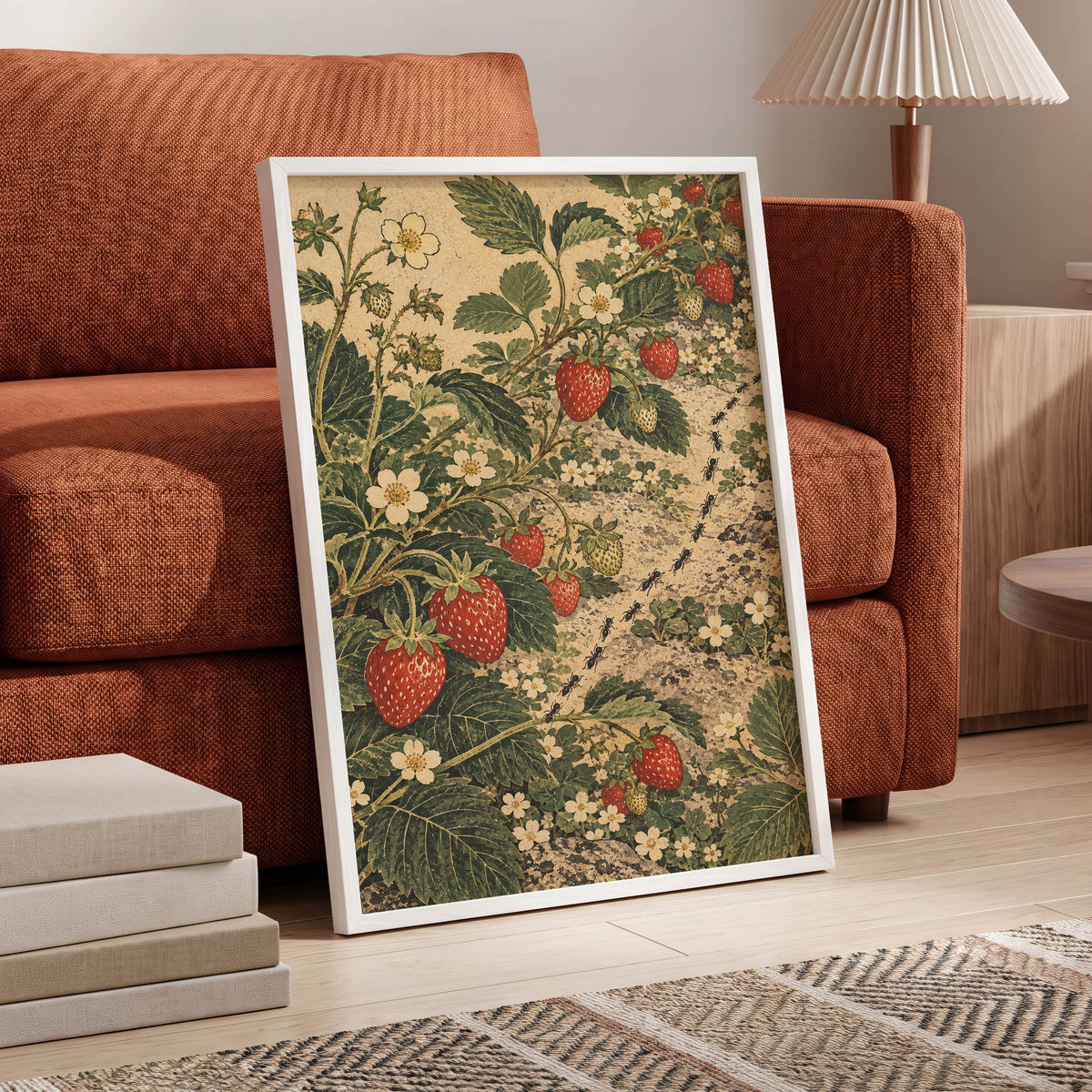Strawberry Trails, green, beige, red nature wall art displayed in a styled interior, gallery view 6