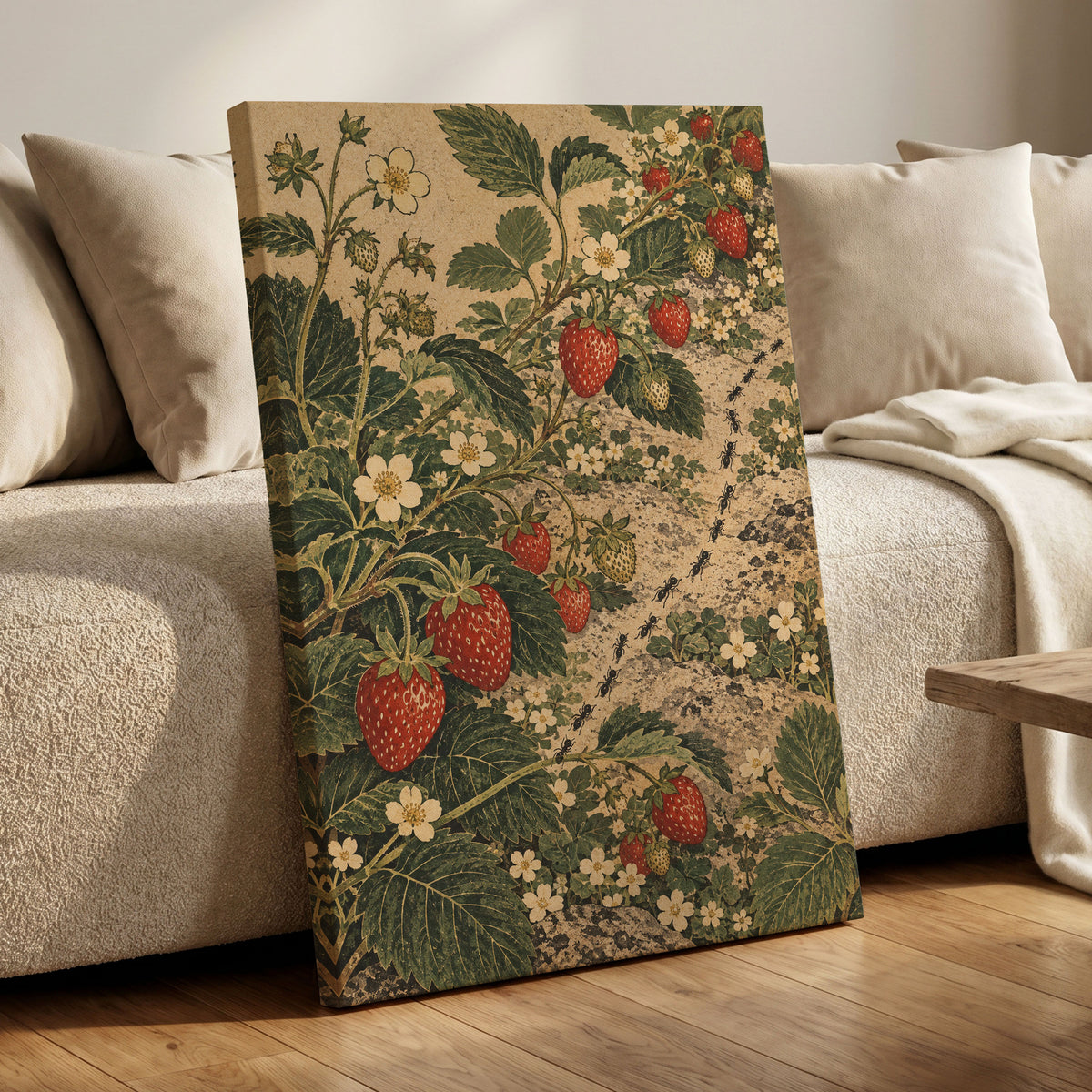 Strawberry Trails, green, beige, red nature wall art displayed in a styled interior, gallery view 7