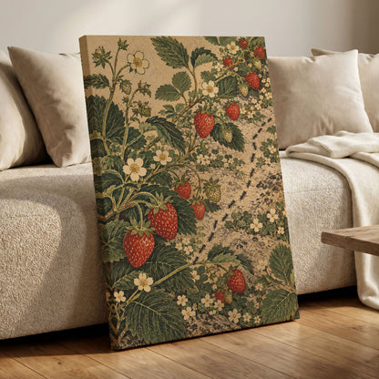 Strawberry Trails, green, beige, red nature wall art displayed in a styled interior, gallery view 7
