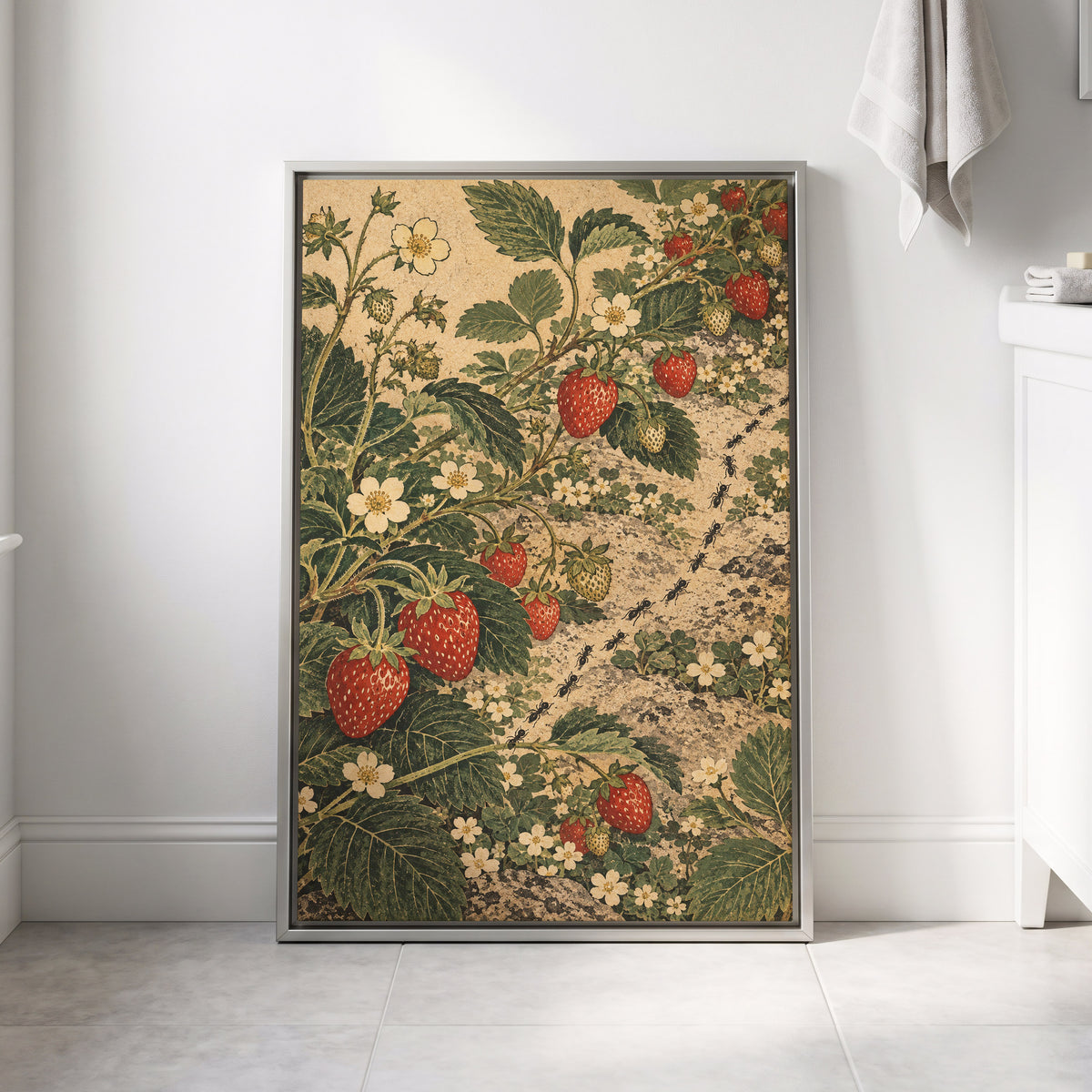 Strawberry Trails, green, beige, red nature wall art displayed in a styled interior, gallery view 8