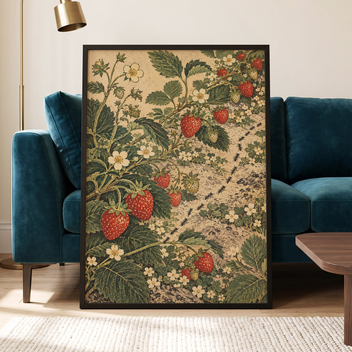 Strawberry Trails, green, beige, red nature wall art displayed in a styled interior, gallery view 9