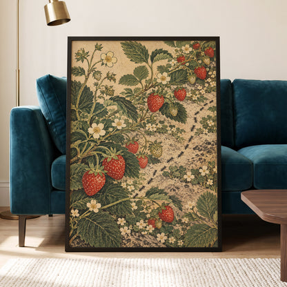 Strawberry Trails, green, beige, red nature wall art displayed in a styled interior, gallery view 9
