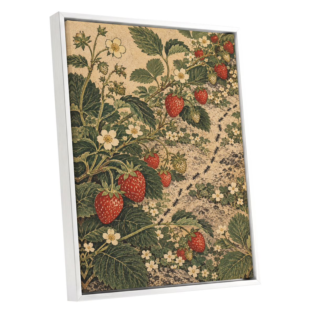 Strawberry Trails, green, beige, red nature wall art shown as a white framed canvas wall art
