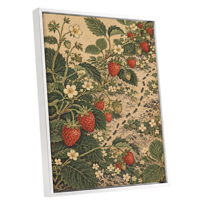 Strawberry Trails, green, beige, red nature wall art shown as a white framed canvas wall art