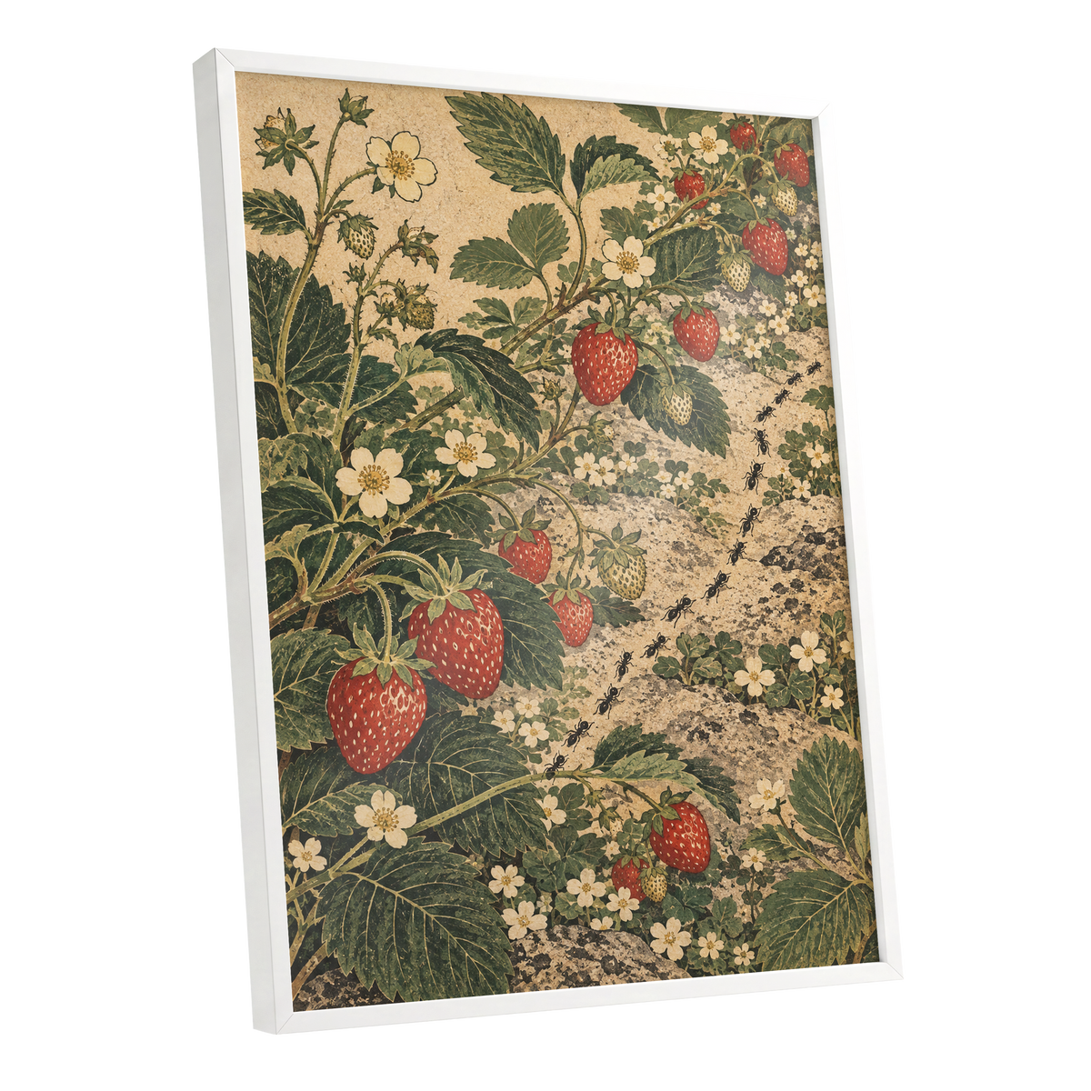 Strawberry Trails, green, beige, red nature wall art shown as a white framed poster wall art print