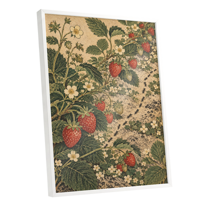 Strawberry Trails, green, beige, red nature wall art shown as a white framed poster wall art print