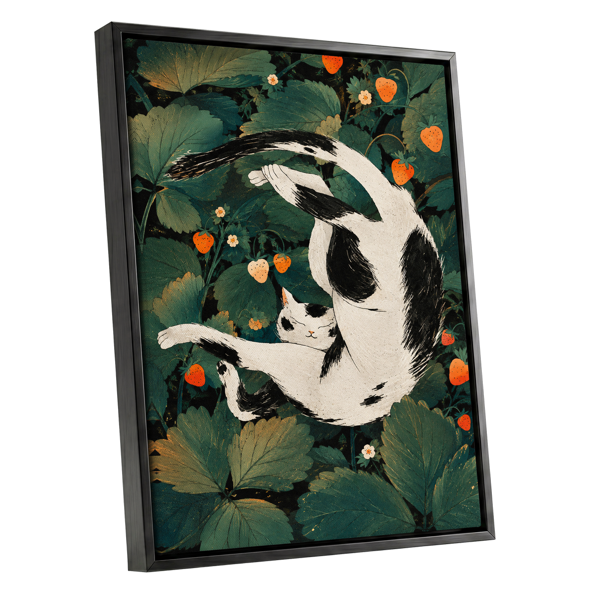 Strawberry Tumble, green, black, beige nature wall art shown as a black framed canvas wall art