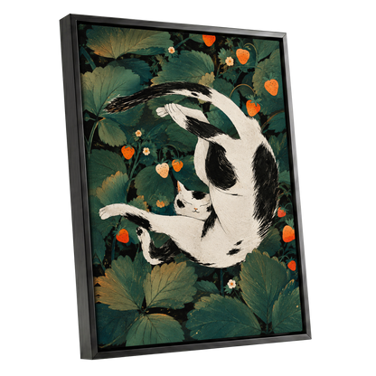 Strawberry Tumble, green, black, beige nature wall art shown as a black framed canvas wall art