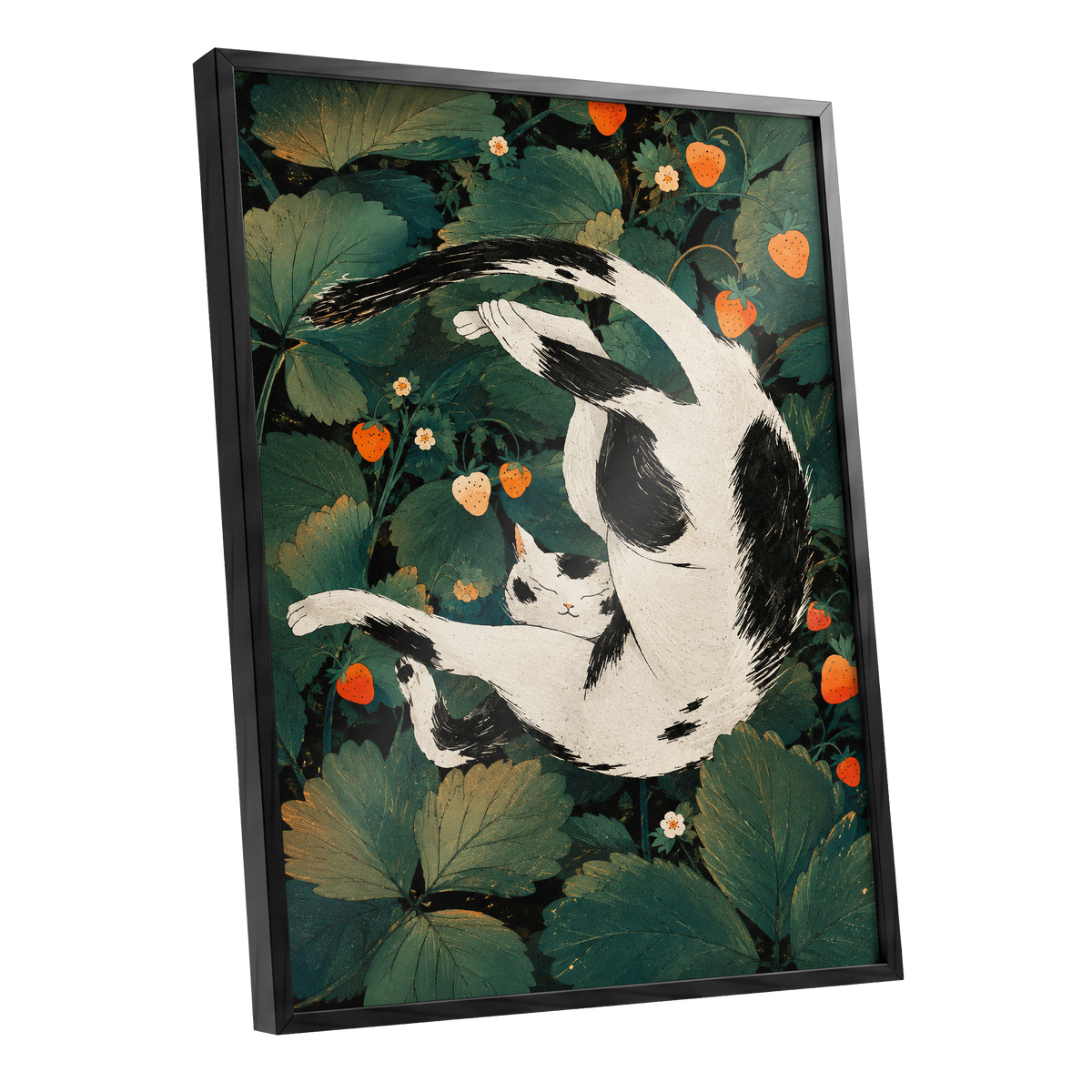 Strawberry Tumble, green, black, beige nature wall art shown as a black framed poster wall art print