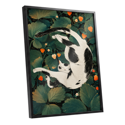 Strawberry Tumble, green, black, beige nature wall art shown as a black framed poster wall art print