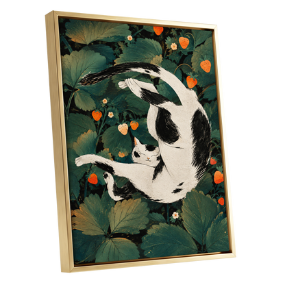 Strawberry Tumble, green, black, beige nature wall art shown as a gold framed canvas wall art