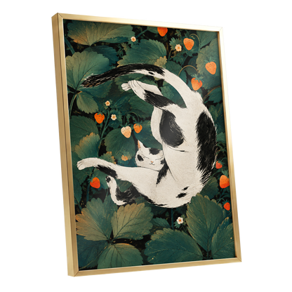 Strawberry Tumble, green, black, beige nature wall art shown as a gold framed poster wall art print