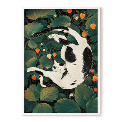 Strawberry Tumble, green, black, beige nature wall art, front artwork view