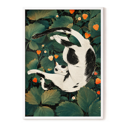 Strawberry Tumble, green, black, beige nature wall art, front artwork view