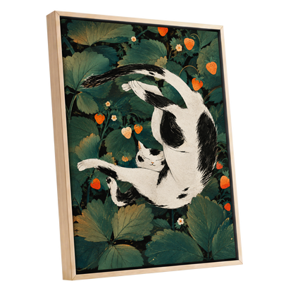 Strawberry Tumble, green, black, beige nature wall art shown as a oak framed canvas wall art