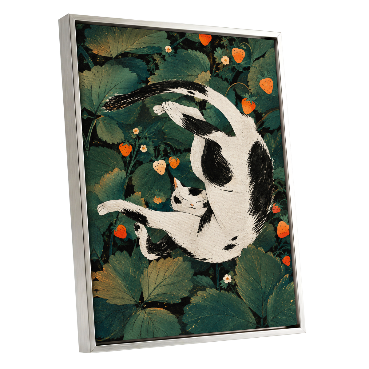 Strawberry Tumble, green, black, beige nature wall art shown as a silver framed canvas wall art