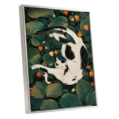 Strawberry Tumble, green, black, beige nature wall art shown as a silver framed canvas wall art