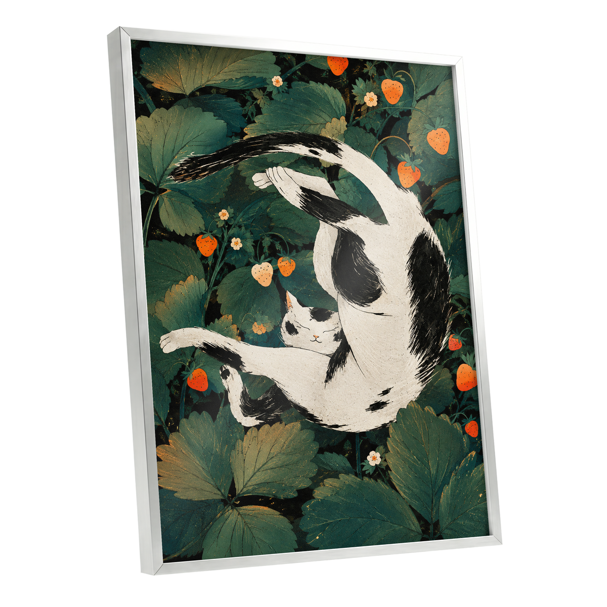 Strawberry Tumble, green, black, beige nature wall art shown as a silver framed poster wall art print