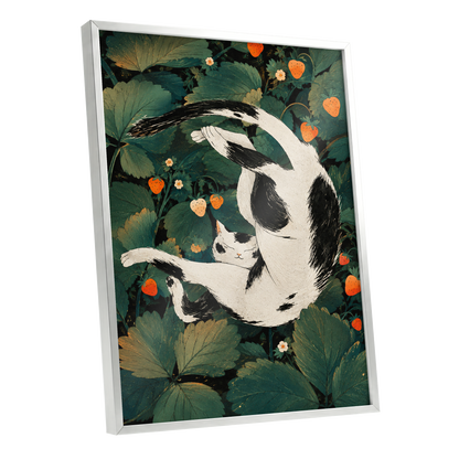 Strawberry Tumble, green, black, beige nature wall art shown as a silver framed poster wall art print