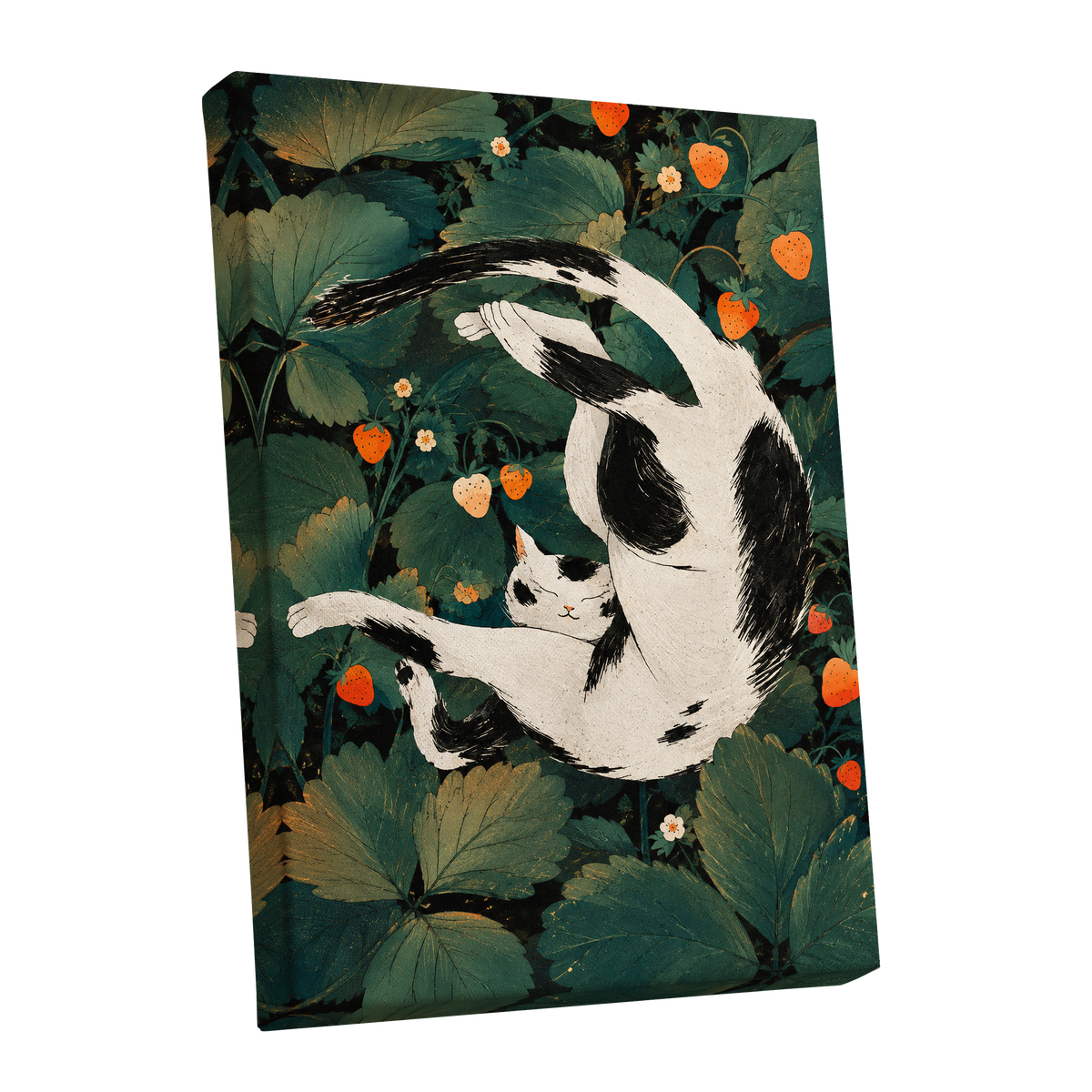 Strawberry Tumble, green, black, beige nature wall art shown as a stretched canvas wall art