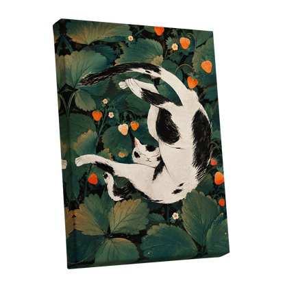 Strawberry Tumble, green, black, beige nature wall art shown as a stretched canvas wall art