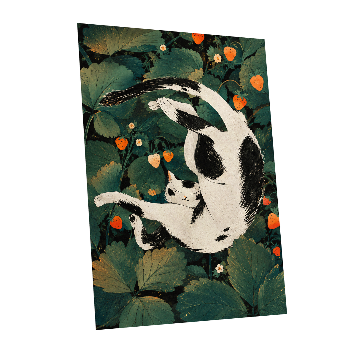 Strawberry Tumble, green, black, beige nature wall art shown as a unframed poster wall art print