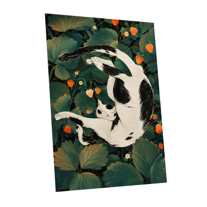Strawberry Tumble, green, black, beige nature wall art shown as a unframed poster wall art print
