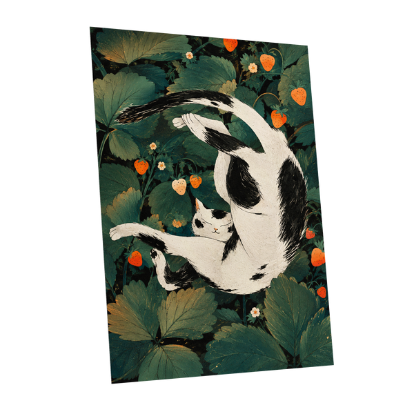 Strawberry Tumble, green, black, beige nature wall art shown as a unframed poster wall art print