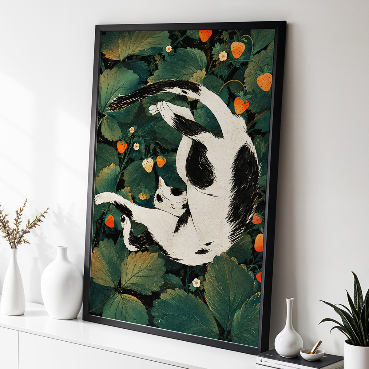 Strawberry Tumble, green, black, beige nature wall art displayed in a styled interior, gallery view 2