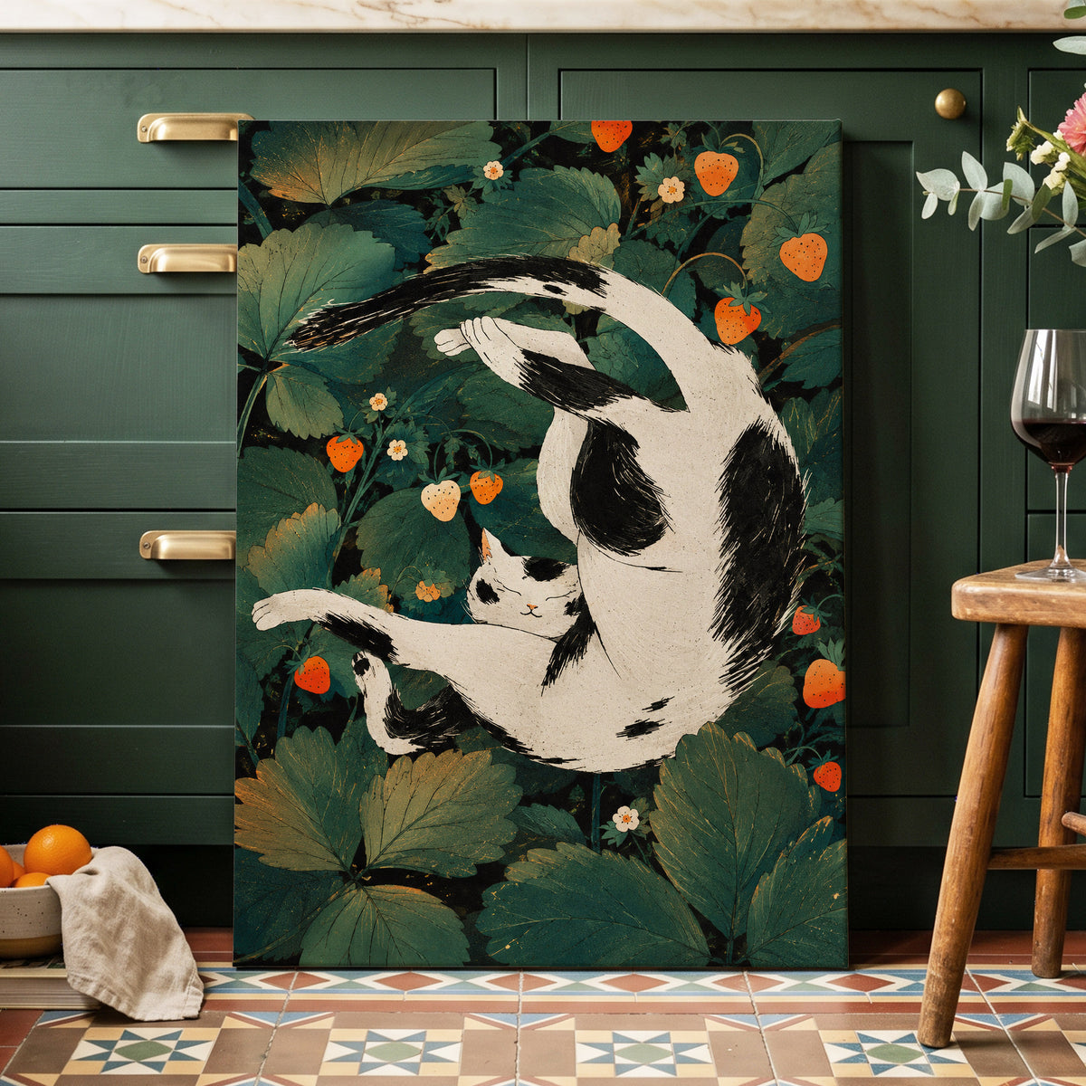 Strawberry Tumble, green, black, beige nature wall art displayed in a styled interior, gallery view 7