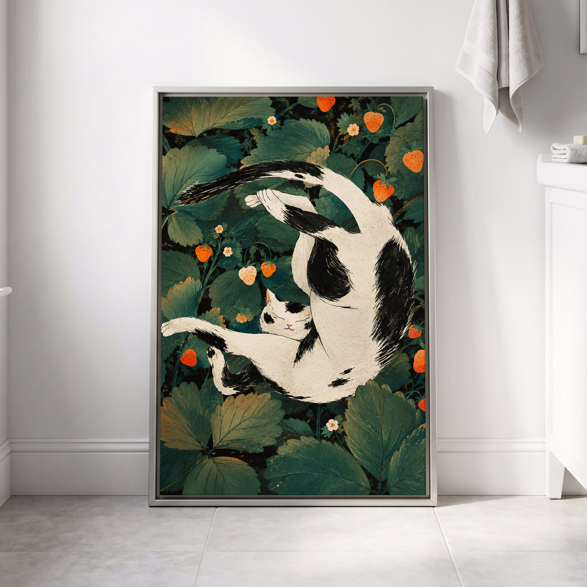 Strawberry Tumble, green, black, beige nature wall art displayed in a styled interior, gallery view 8
