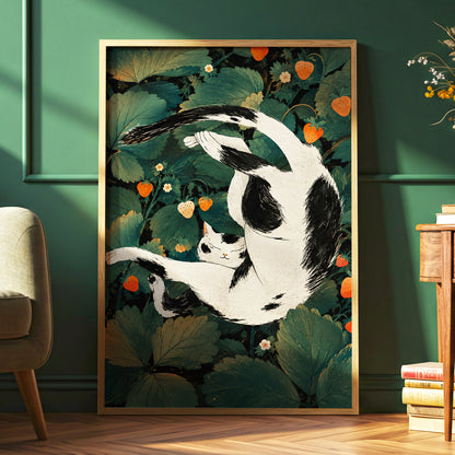 Strawberry Tumble, green, black, beige nature wall art displayed in a styled interior, gallery view 9