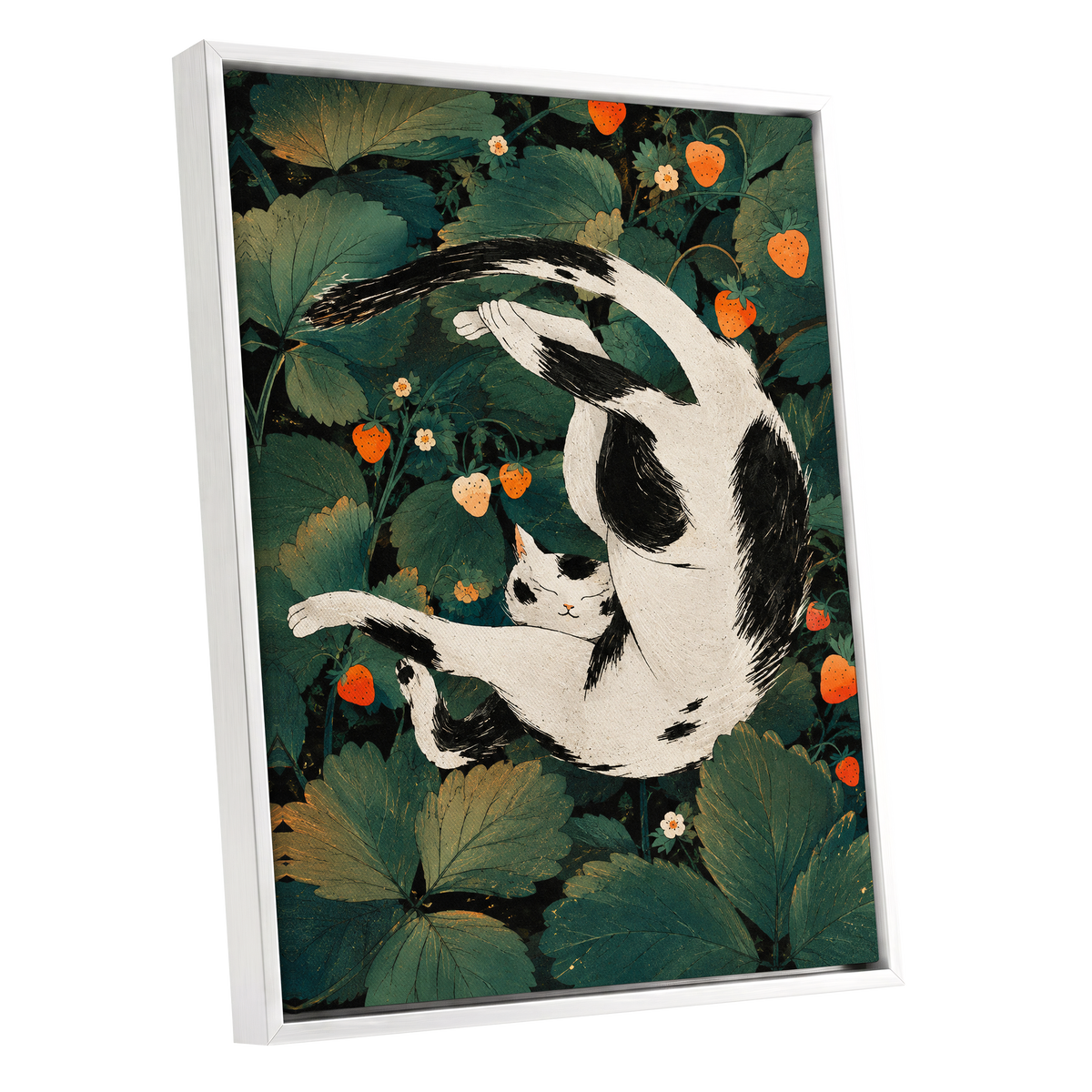 Strawberry Tumble, green, black, beige nature wall art shown as a white framed canvas wall art