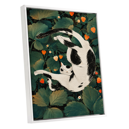 Strawberry Tumble, green, black, beige nature wall art shown as a white framed canvas wall art