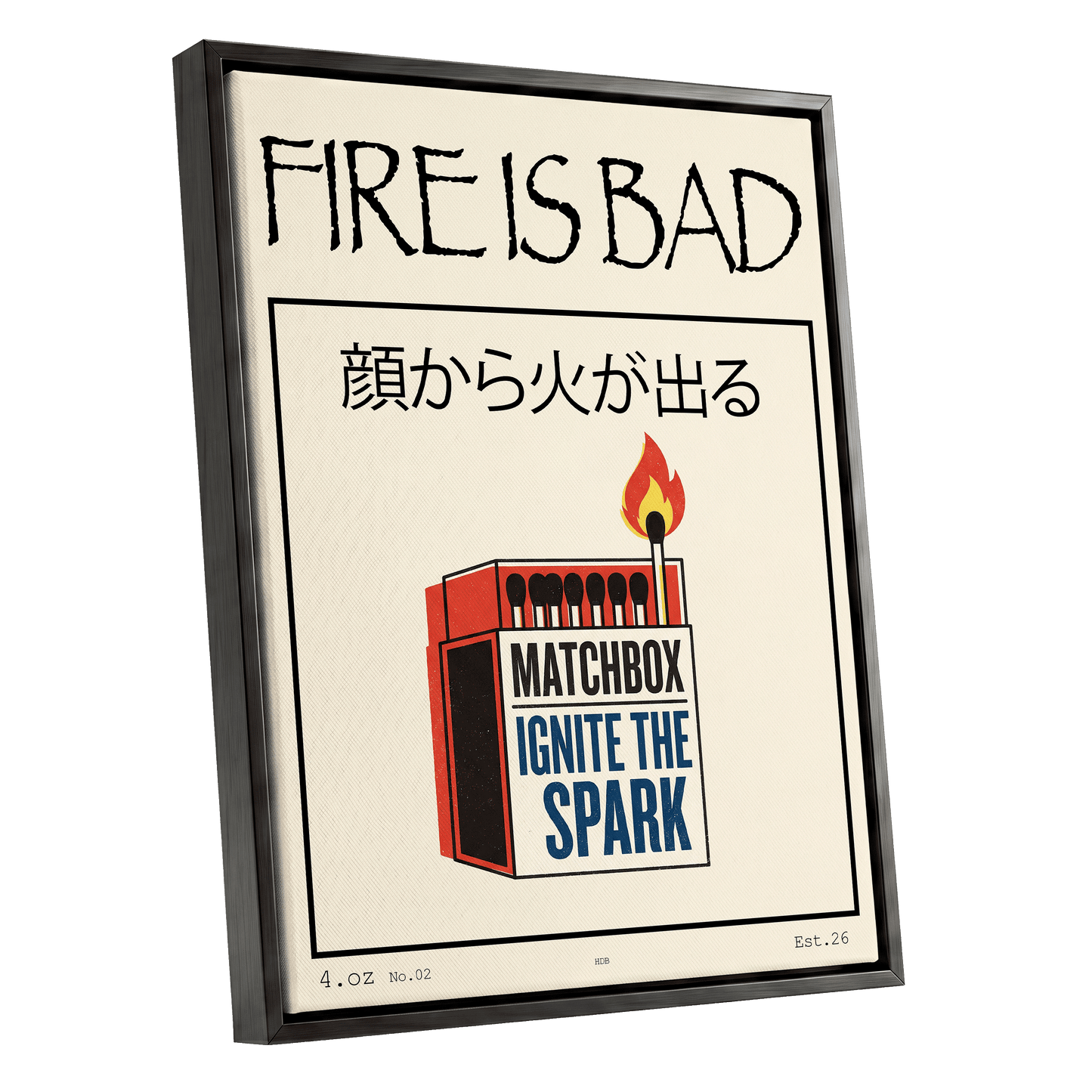 Strike a Spark, beige, black, red minimalist wall art shown as a black framed canvas wall art