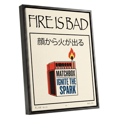 Strike a Spark, beige, black, red minimalist wall art shown as a black framed canvas wall art