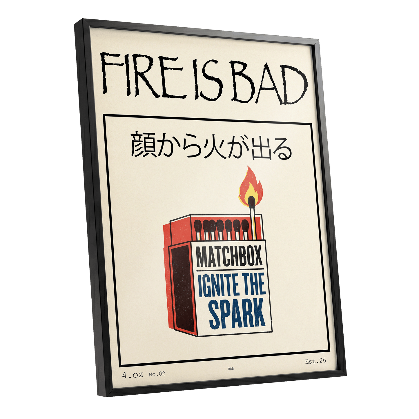 Strike a Spark, beige, black, red minimalist wall art shown as a black framed poster wall art print