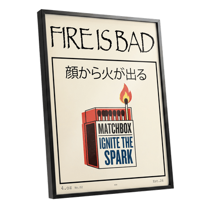 Strike a Spark, beige, black, red minimalist wall art shown as a black framed poster wall art print