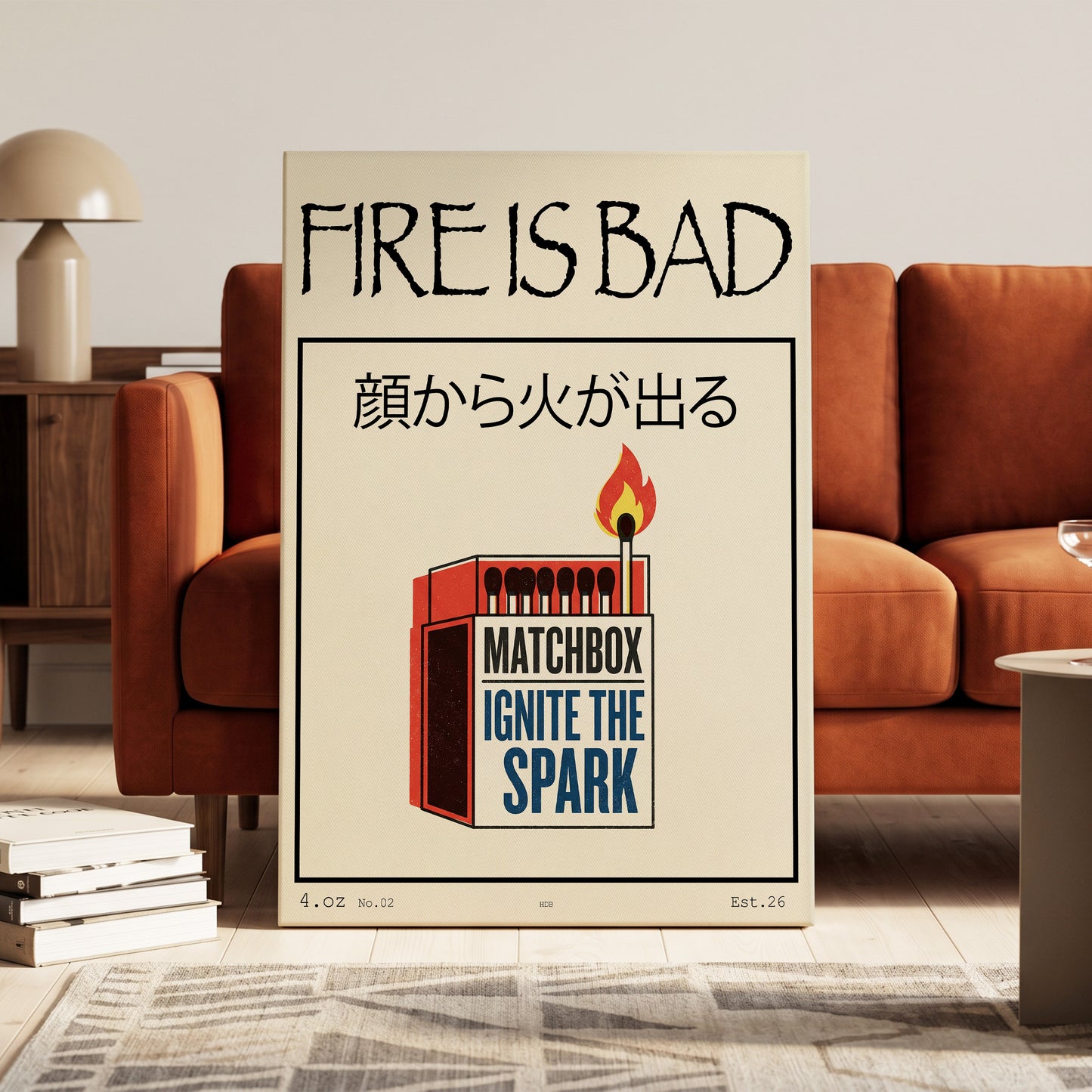 Strike a Spark, beige, black, red minimalist wall art on canvas displayed in a styled interior, gallery view 1