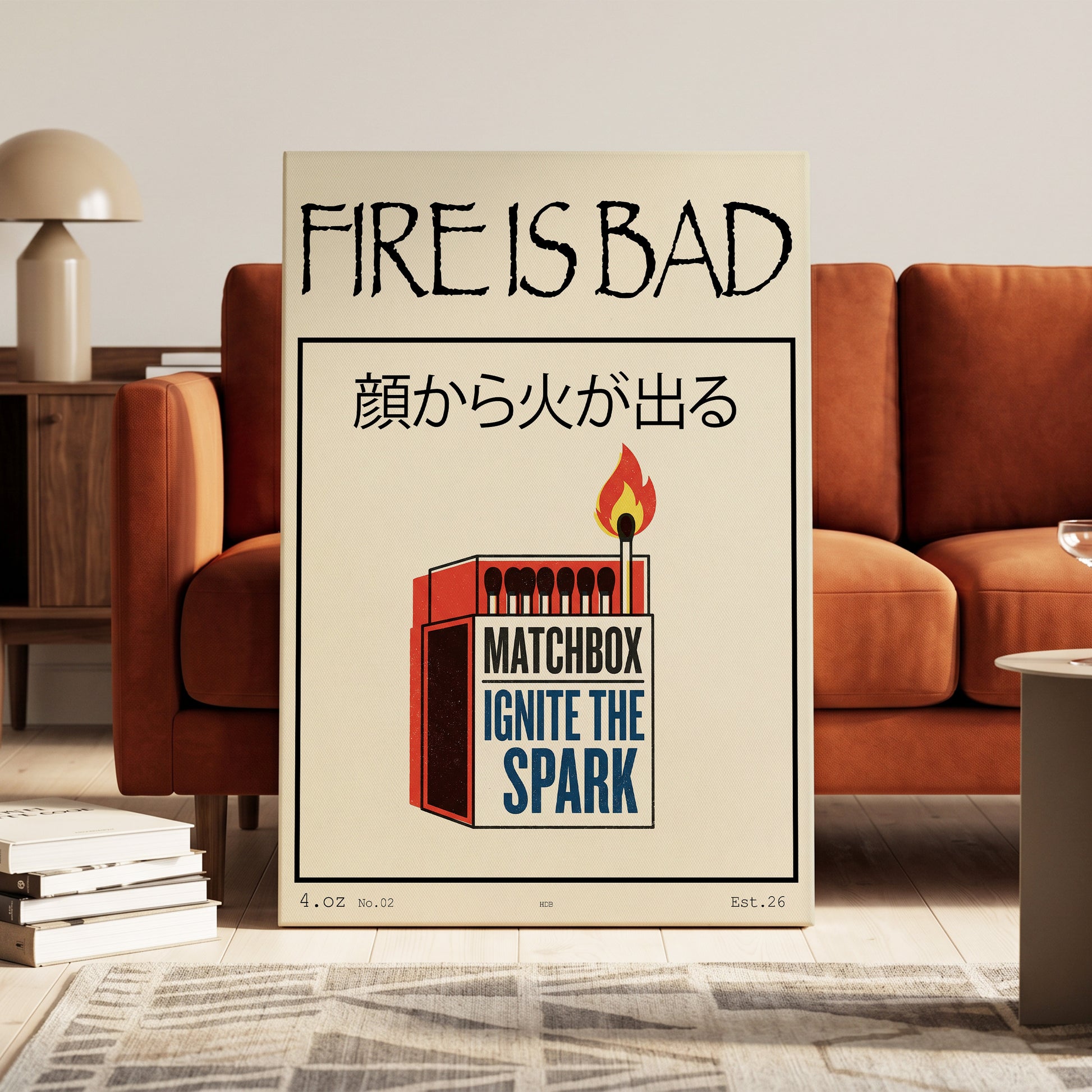 Strike a Spark, beige, black, red minimalist wall art on canvas displayed in a styled interior, gallery view 1
