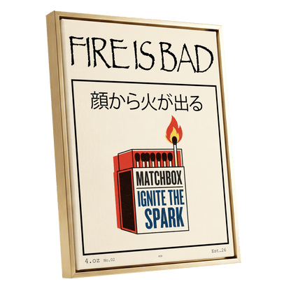 Strike a Spark, beige, black, red minimalist wall art shown as a gold framed canvas wall art
