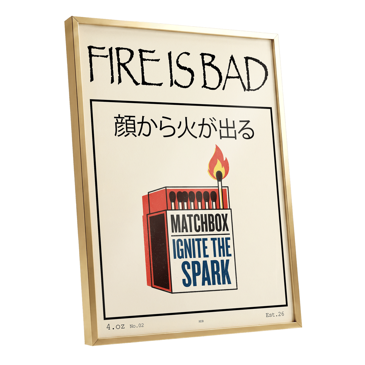 Strike a Spark, beige, black, red minimalist wall art shown as a gold framed poster wall art print
