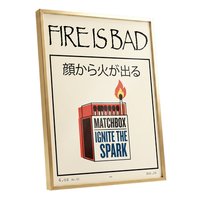 Strike a Spark, beige, black, red minimalist wall art shown as a gold framed poster wall art print
