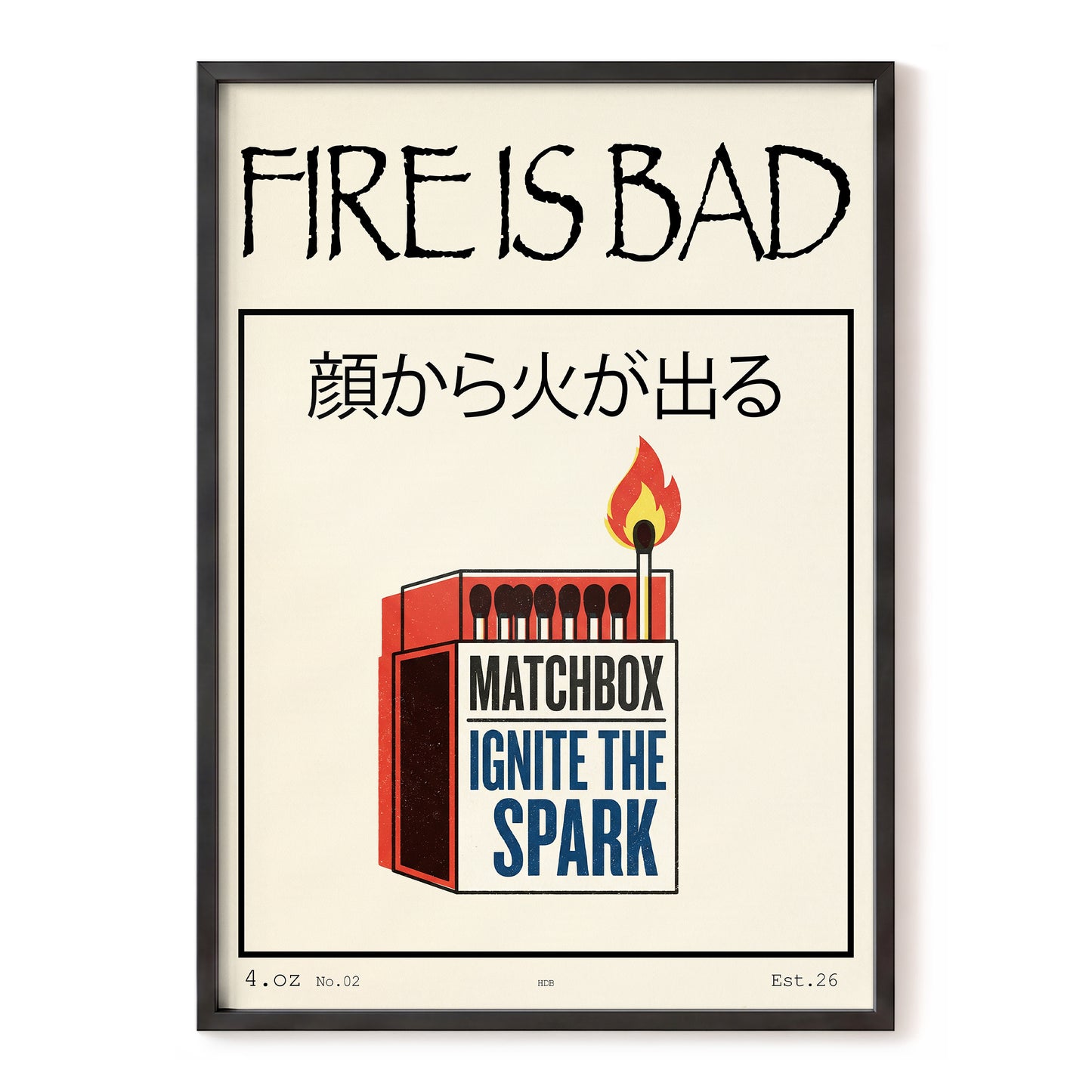 Strike a Spark, beige, black, red minimalist wall art, front artwork view
