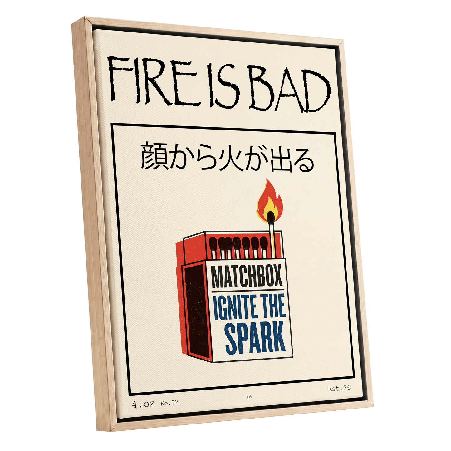 Strike a Spark, beige, black, red minimalist wall art shown as a oak framed canvas wall art