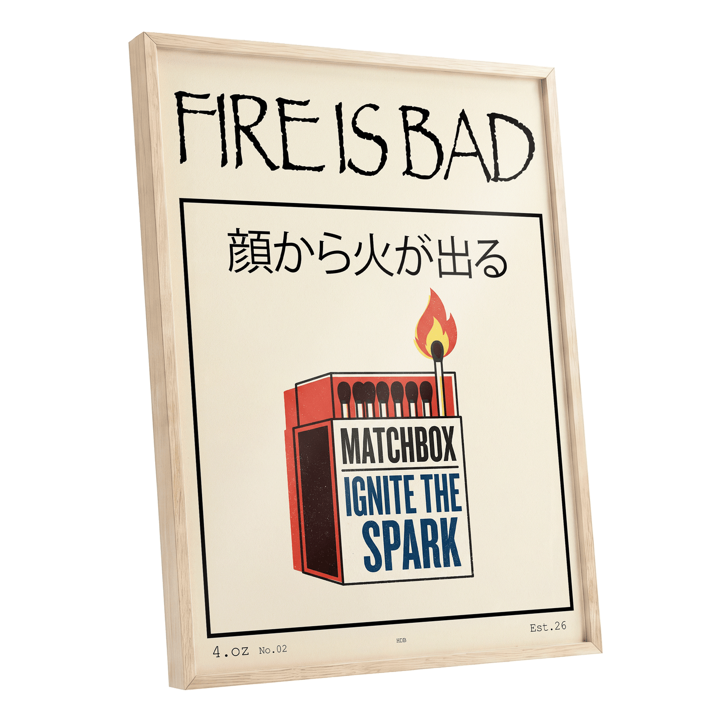 Strike a Spark, beige, black, red minimalist wall art shown as a oak framed poster wall art print